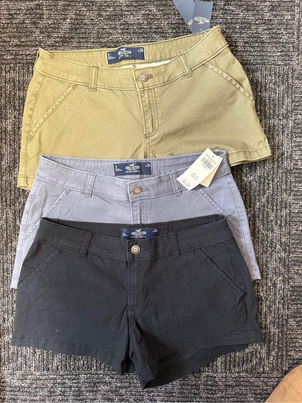 Hollister Low Rise Chino Shorts 3" Inseam Button Pockets Solid Sz 26 pack of 3